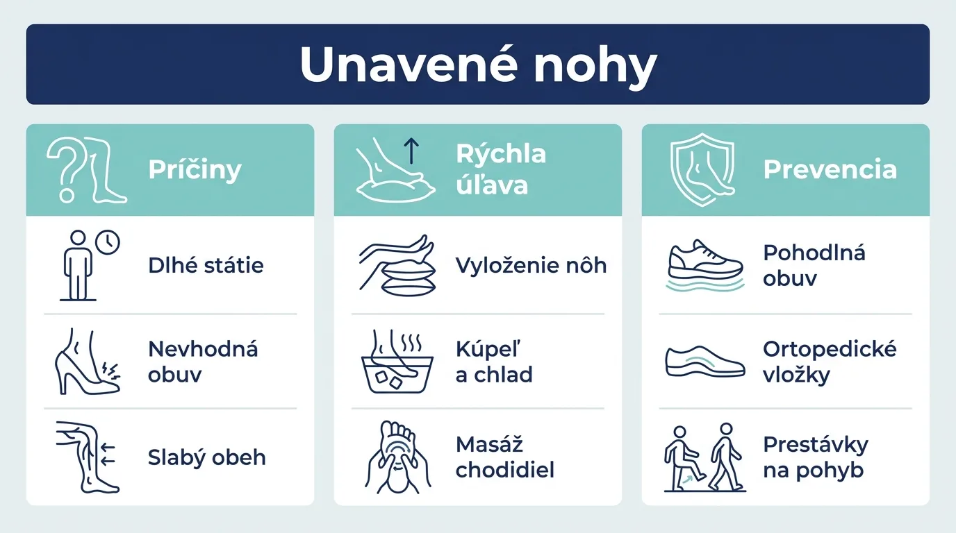 Infografika zhrňujúca príčiny unavených nôh, rýchlu úľavu a prevenciu.
