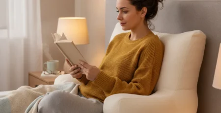 Žena vzpriamene sedí v posteli opretá o vankúš na čítanie s opierkou a číta si knihu.