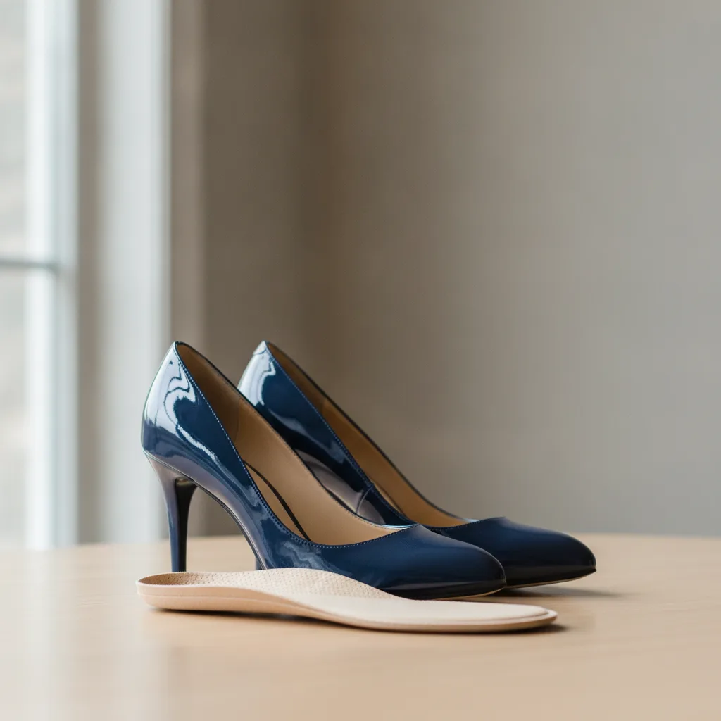 Elegantné dámske lodičky s tenkou ortopedickou vložkou položenou vedľa nich na svetlom podklade.