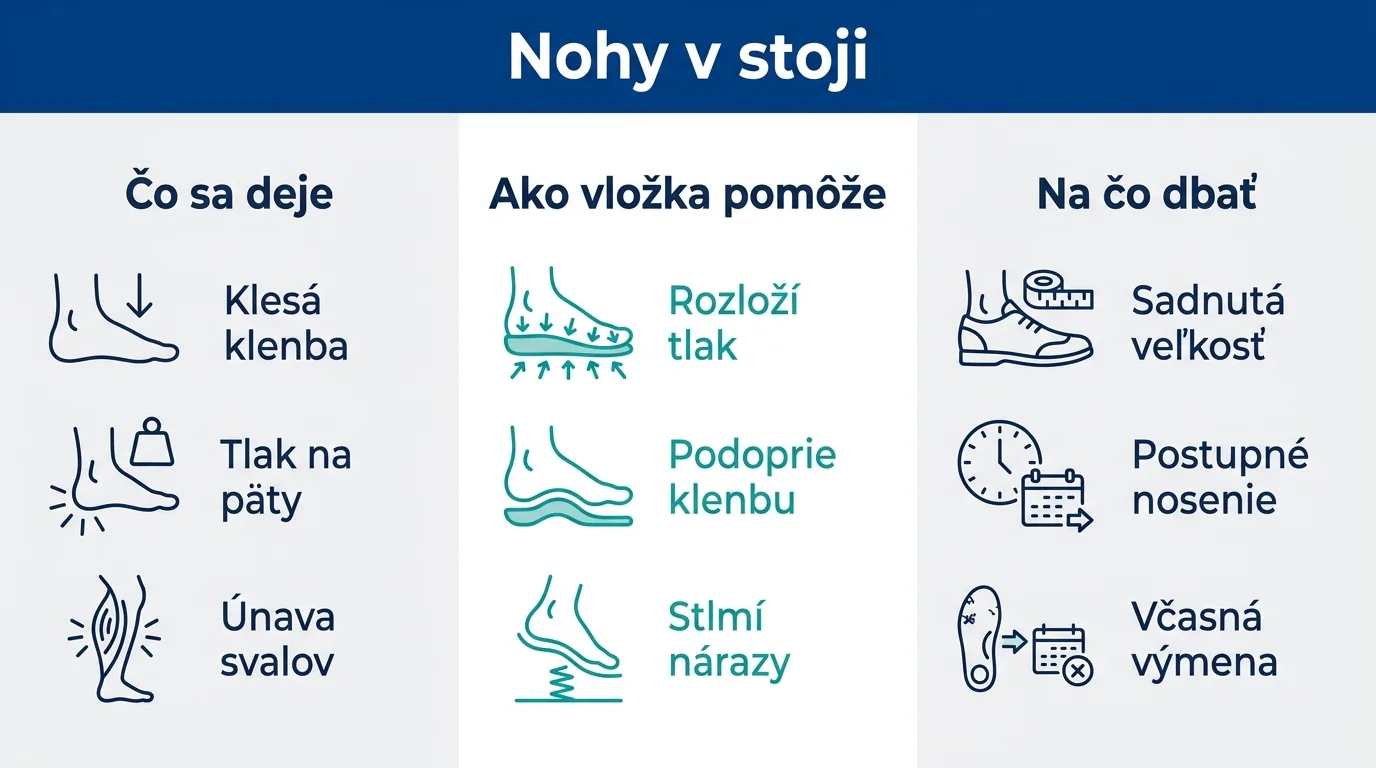Infografika zobrazujúca, čo sa deje s nohou pri státí a ako pomáha vložka.