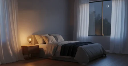 Tmavá pokojná spálňa s jemným svetlom nočnej lampy