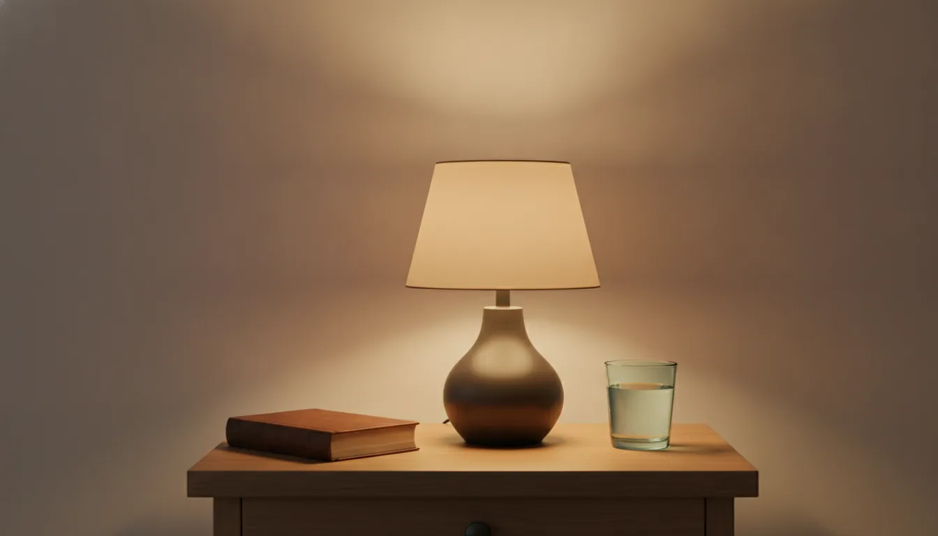 Tlmená lampa na nočnom stolíku a kniha pred spaním