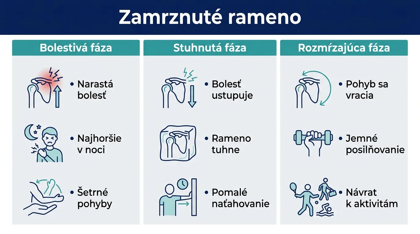Infografika s tromi fázami zamrznutého ramena